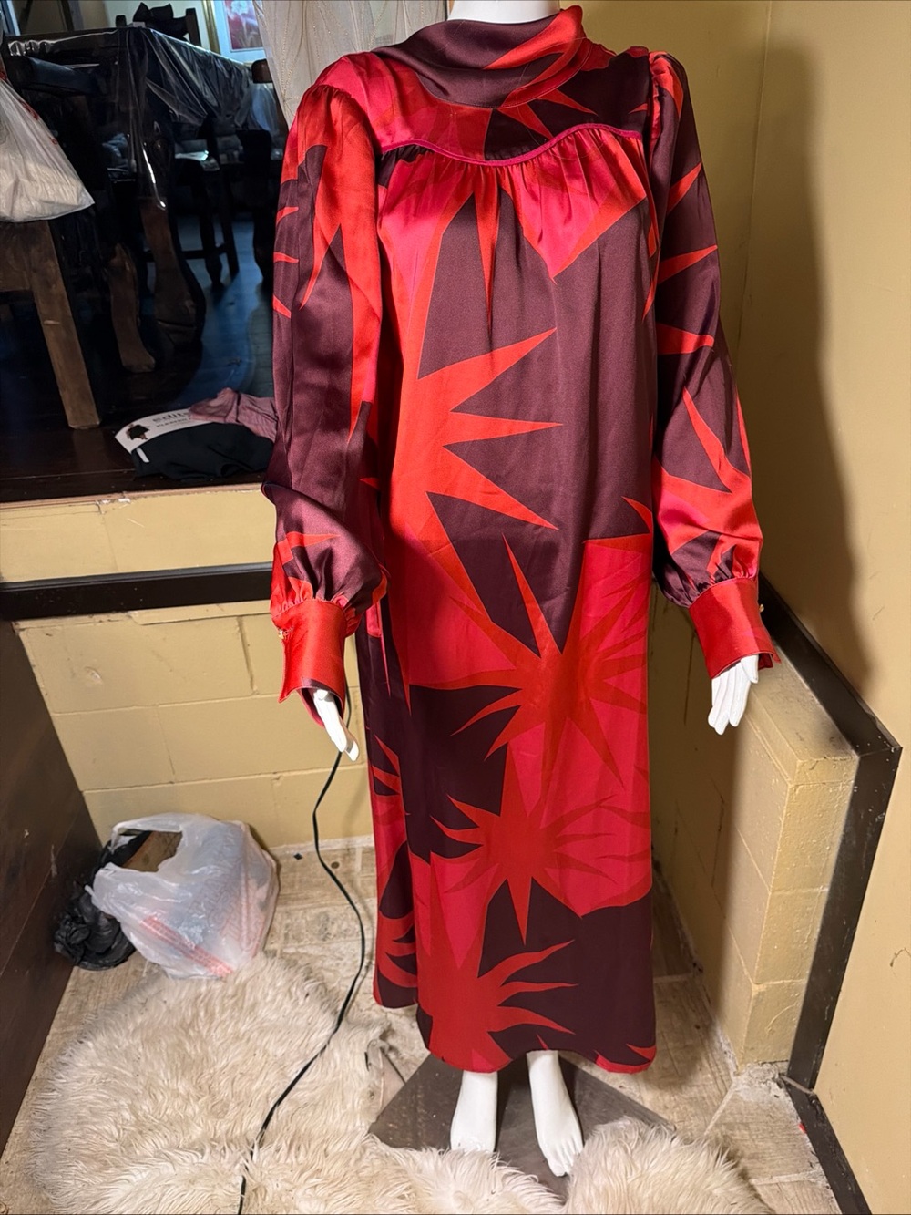 crosby. Red and Burgundy Starburst Print Long Sleeve Maxi Dress